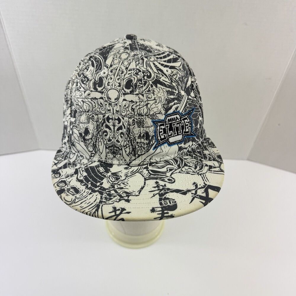 MMA Elite Hat Cap Black White Fitted Mens Small Medium Allover Print